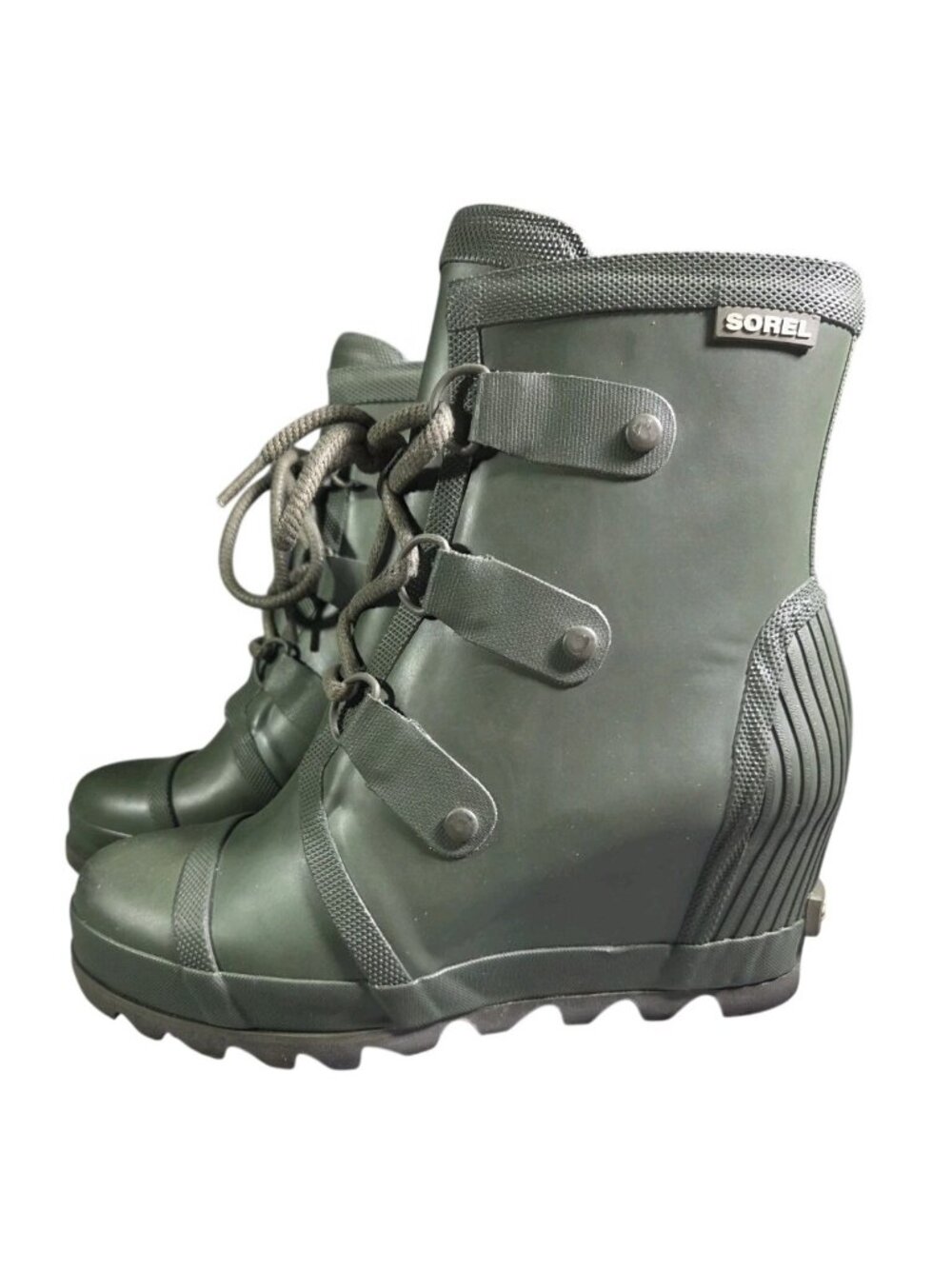Sorel Women's Joan Rain Wedge Green Waterproof 9 Weatherproof Lace Up Rubber